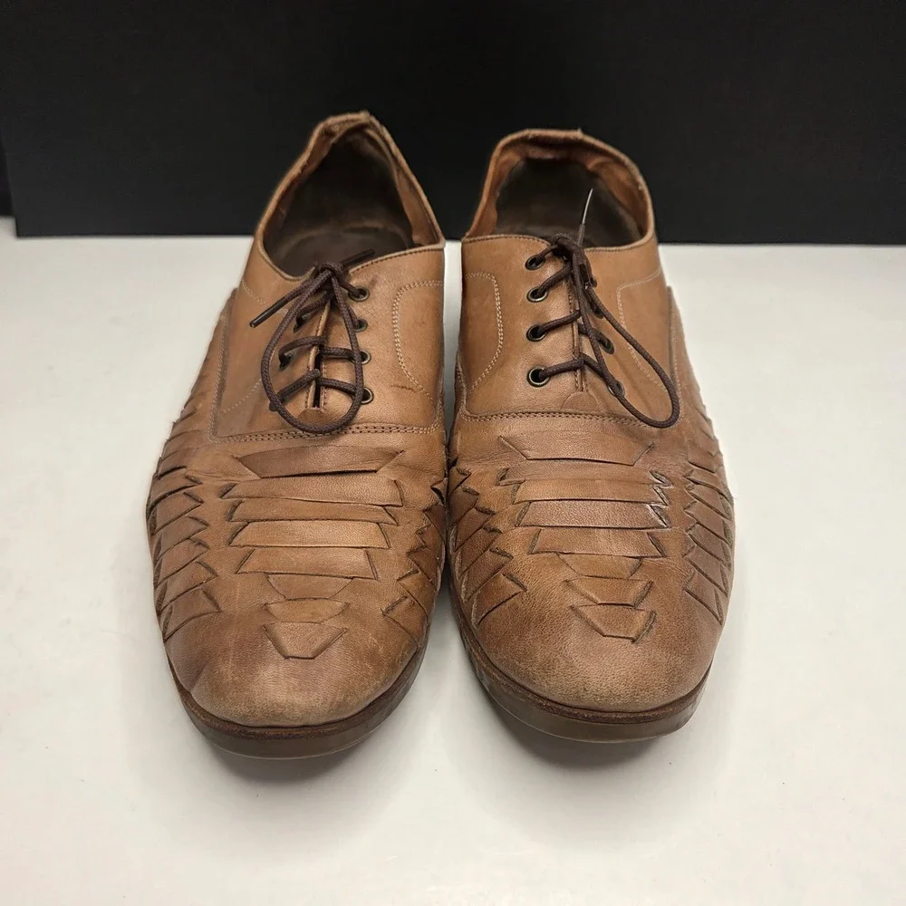 Vintage Woven Leather Oxfords 9.5 Brown Huarache Lace Up Brazil Shoes H3